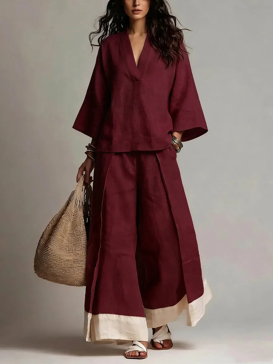 🎁New Arrivals🔥Loose Plus Size Contrast Color Pleated Pockets V-Neck Two Pieces Set