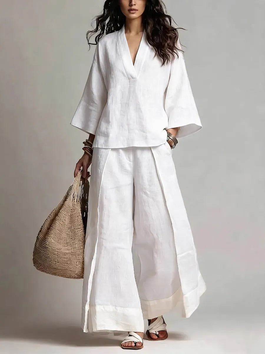 🎁New Arrivals🔥Loose Plus Size Contrast Color Pleated Pockets V-Neck Two Pieces Set
