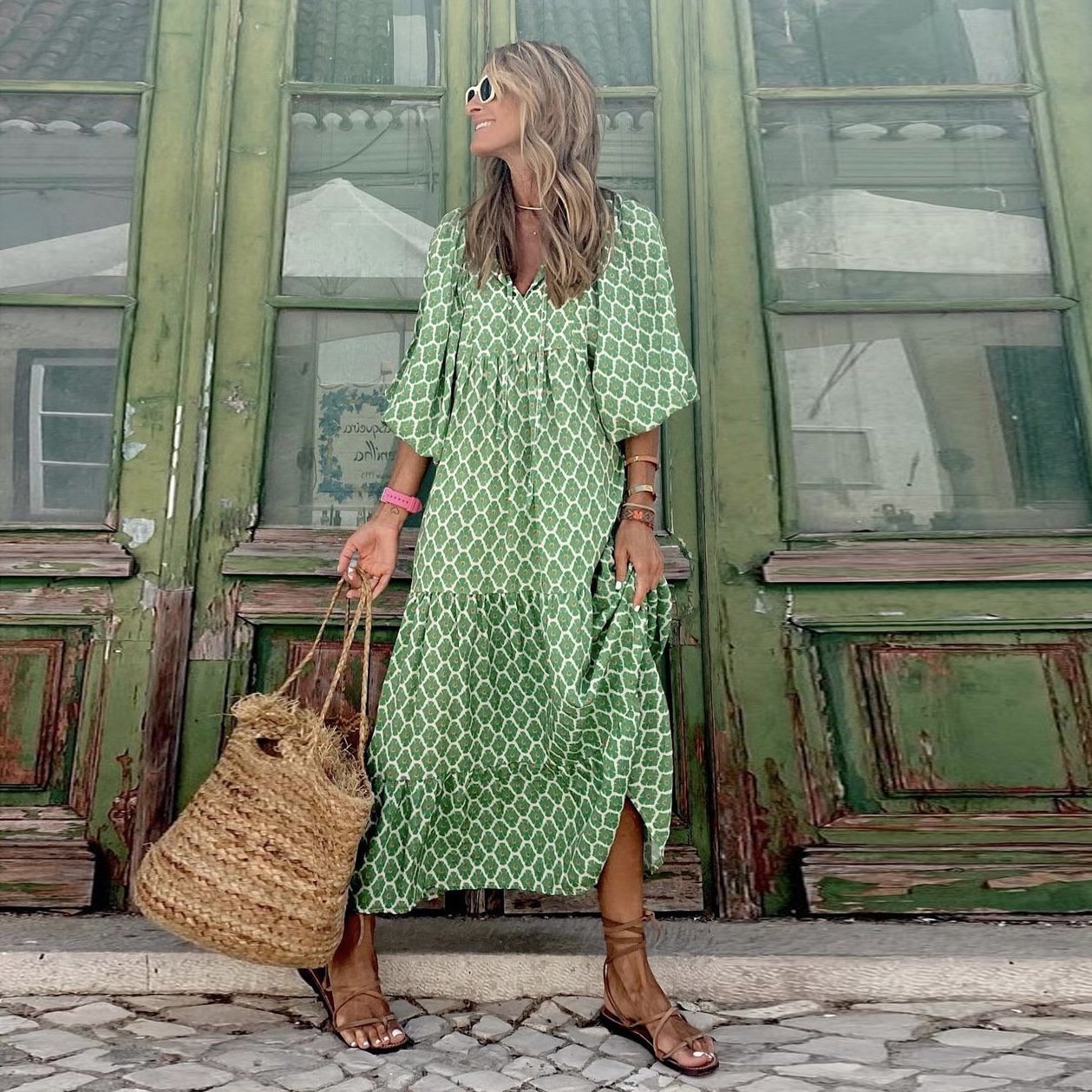 🎁New Arrivals🔥 Puffy Sleeve Floral Pattern Elegant Boho Dress
