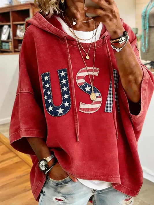 🎁New Arrivals🔥Patriotic Red USA Star Stripe Applique Oversized Hoodie