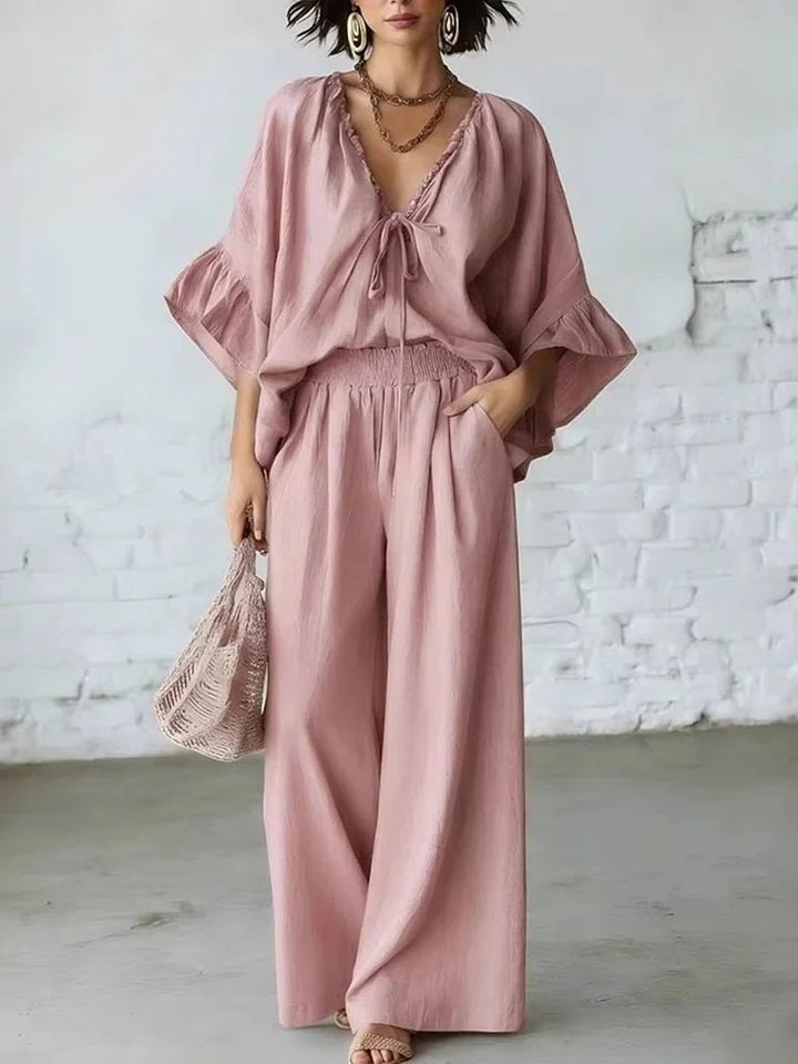 🎁New Arrivals🔥Women's Loose Fitting Batwing Sleeve Ruffled Top Cotton Linen Two Piece Set Travel Outfits
