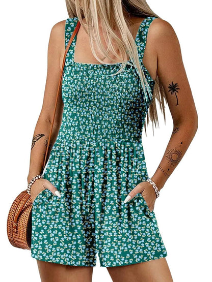 🎁New Arrivals🔥💃Women's Summer Square Neck Sleeveless Loose Casual Short Smocked Romper