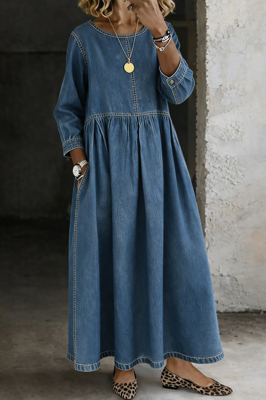 🎁New Arrivals🔥Round Neck Long Sleeve Denim Dress