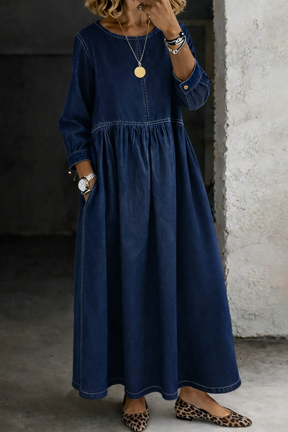 🎁New Arrivals🔥Round Neck Long Sleeve Denim Dress