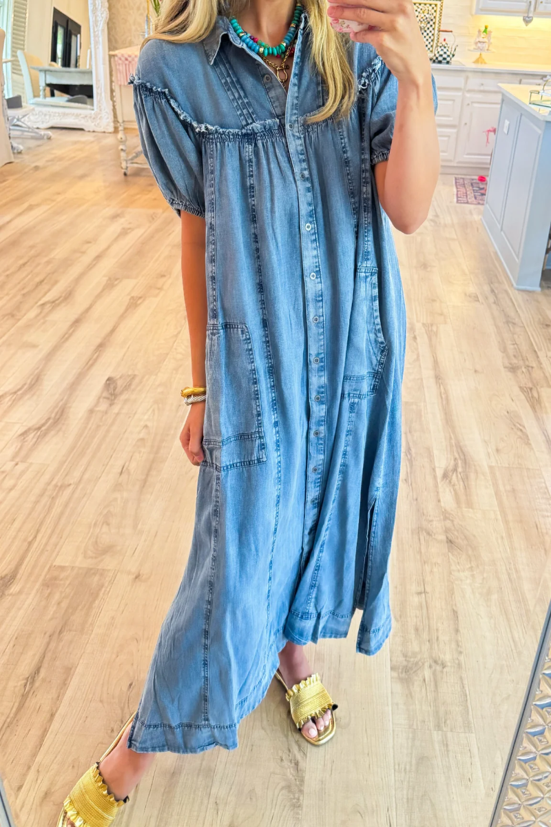 🎁New Arrivals🔥Denim Puff Sleeve Button Down Maxi Dress