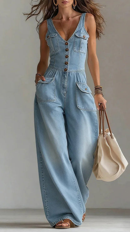 🎁New Arrivals🔥Women's Washed Denim Loose-Fit Sleeveless Jumpsuit with Straps
