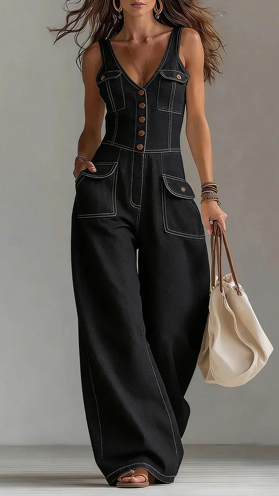 🎁New Arrivals🔥Women's Washed Denim Loose-Fit Sleeveless Jumpsuit with Straps