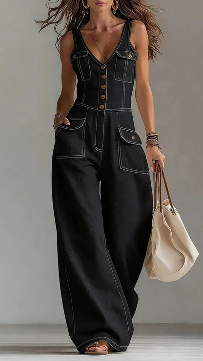 🎁New Arrivals🔥Women's Washed Denim Loose-Fit Sleeveless Jumpsuit with Straps