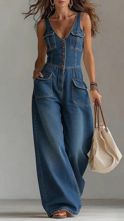 🎁New Arrivals🔥Women's Washed Denim Loose-Fit Sleeveless Jumpsuit with Straps