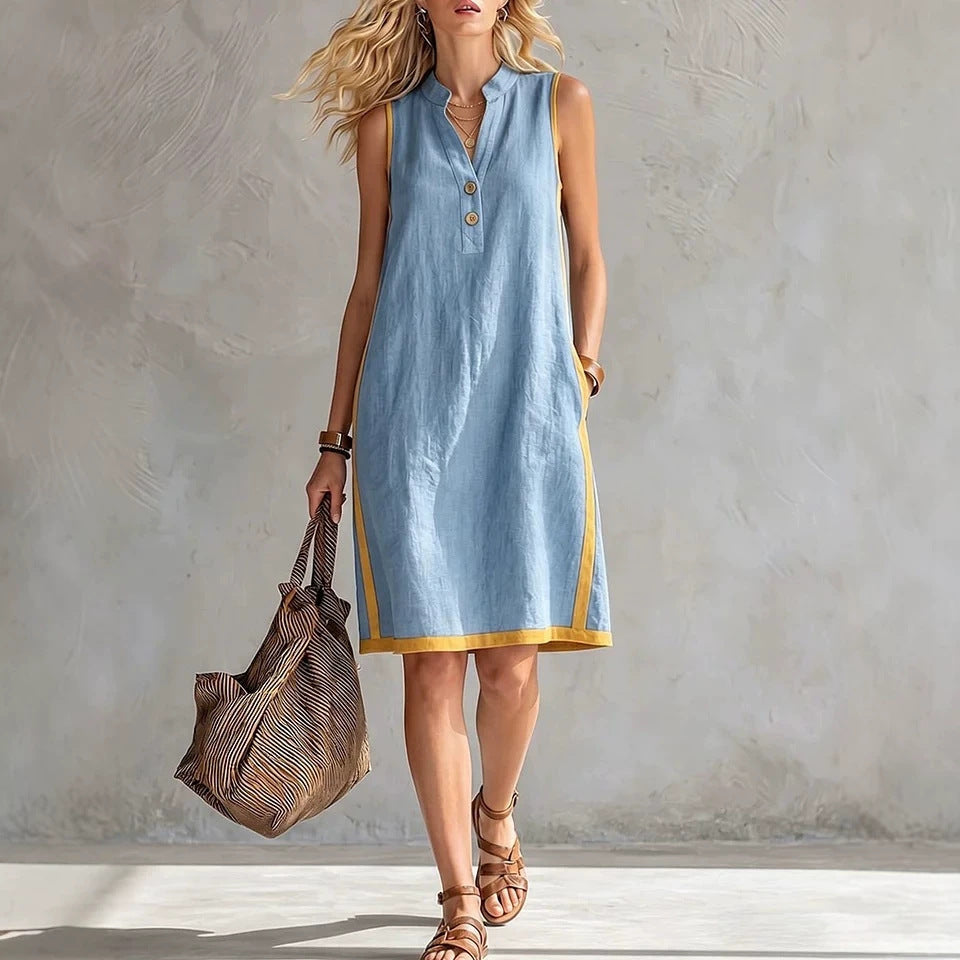 🎁New Arrivals🔥Women's Sleeveless V-Neck Button-Front Pocketed A-Line Midi Dress