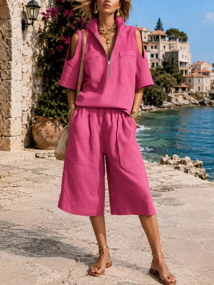 🎁New Arrivals🔥Stand-up Collar Zipper Short-Sleeve Top and Wide-Leg Pants Two-Piece Set