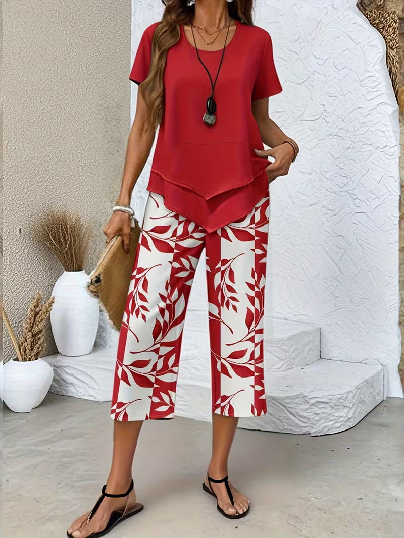 🎁New Arrivals🔥Women's Casual Round Neck Layered Tunic Top and Wide Leg Pants Set