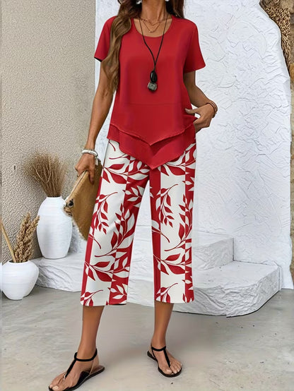 🎁New Arrivals🔥Women's Casual Round Neck Layered Tunic Top and Wide Leg Pants Set