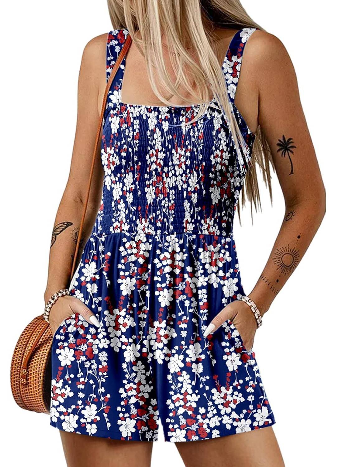 🎁New Arrivals🔥💃Women's Summer Square Neck Sleeveless Loose Casual Short Smocked Romper