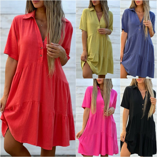 🎁New Arrivals🔥Women's Loose Solid Color Lapel Leisure Short Sleeve Cotton Linen Dress