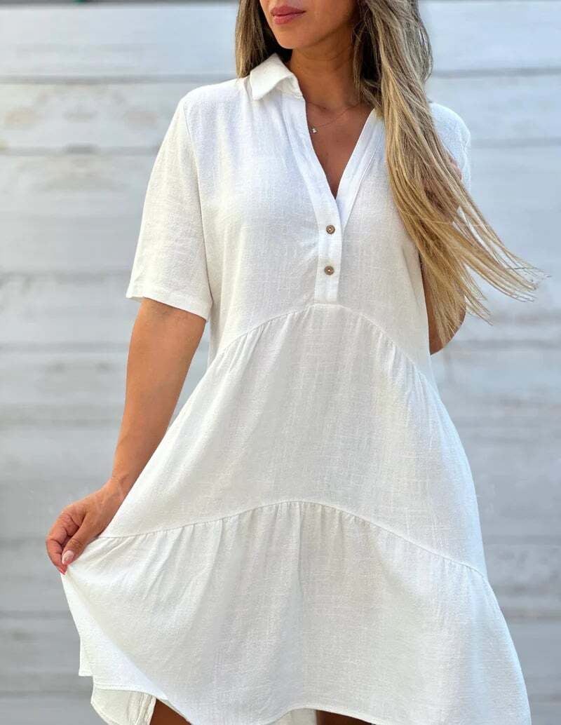 🎁New Arrivals🔥Women's Loose Solid Color Lapel Leisure Short Sleeve Cotton Linen Dress