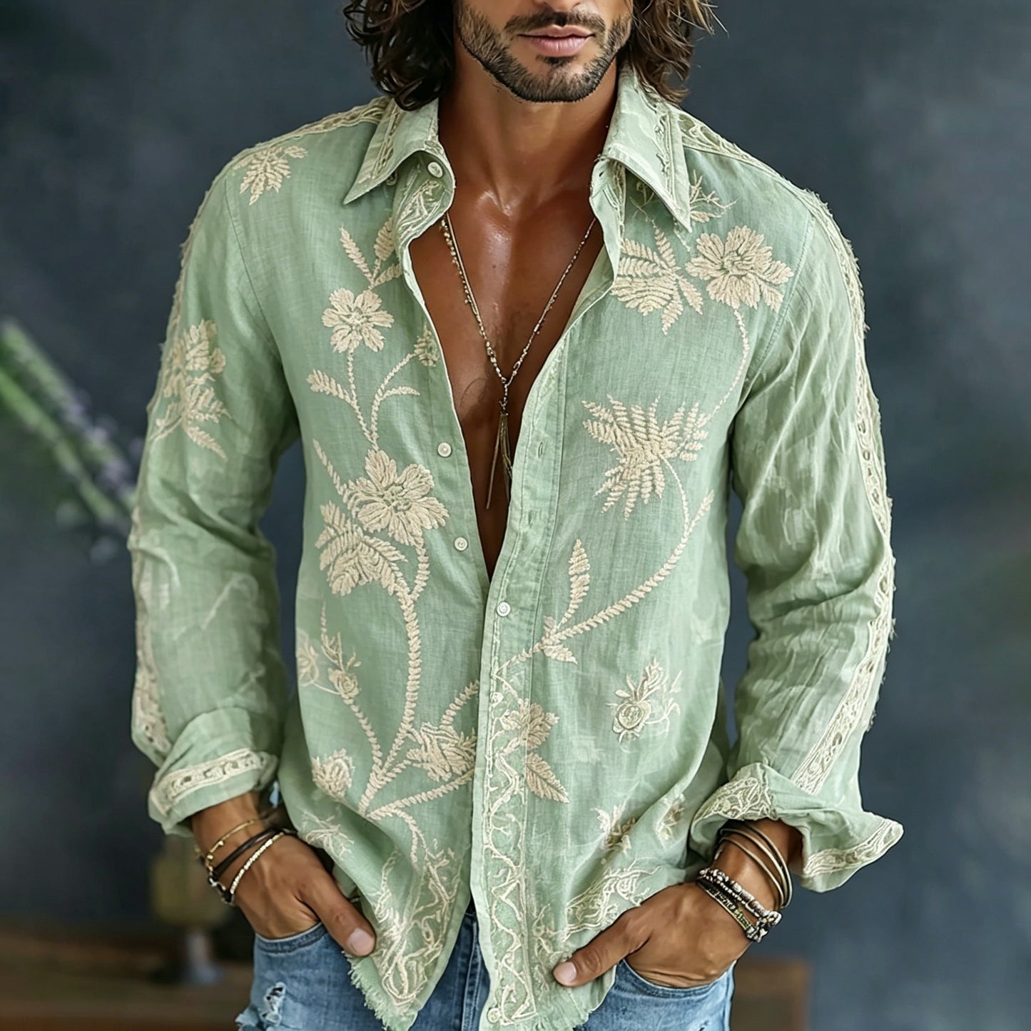 🎁New Arrivals🔥Men's Spring Floral Embroidered Art Print Flowy Linen Blend Casual Shirt