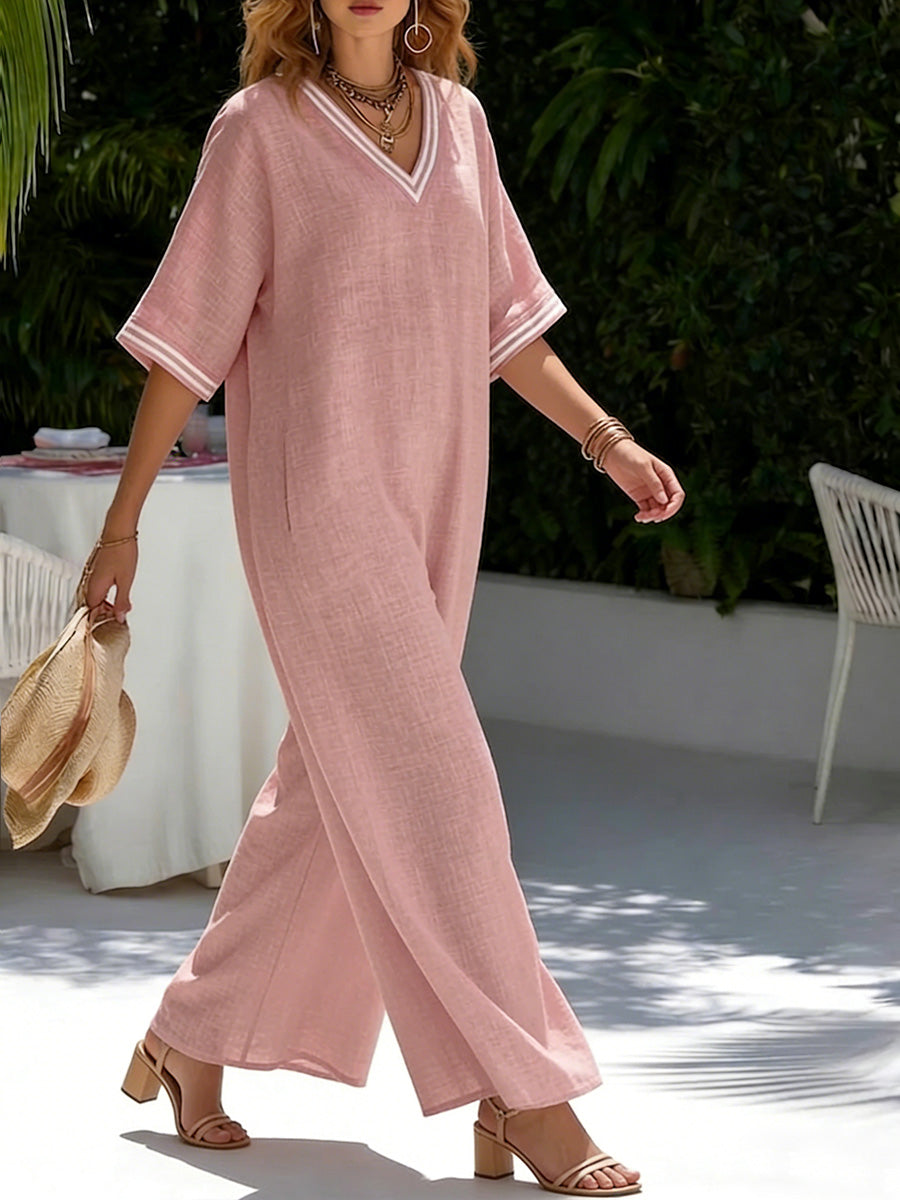 🎁New Arrivals🔥 Cozy Loose-fit V Neck Striped Cotton Linen Jumpsuit