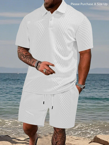 🎁Men's Solid Polo Shirt & Drawstring Waist Shorts Set, Cozy Breathable Two-piece Outfits