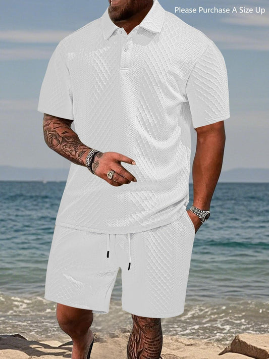 🎁Men's Solid Polo Shirt & Drawstring Waist Shorts Set, Cozy Breathable Two-piece Outfits