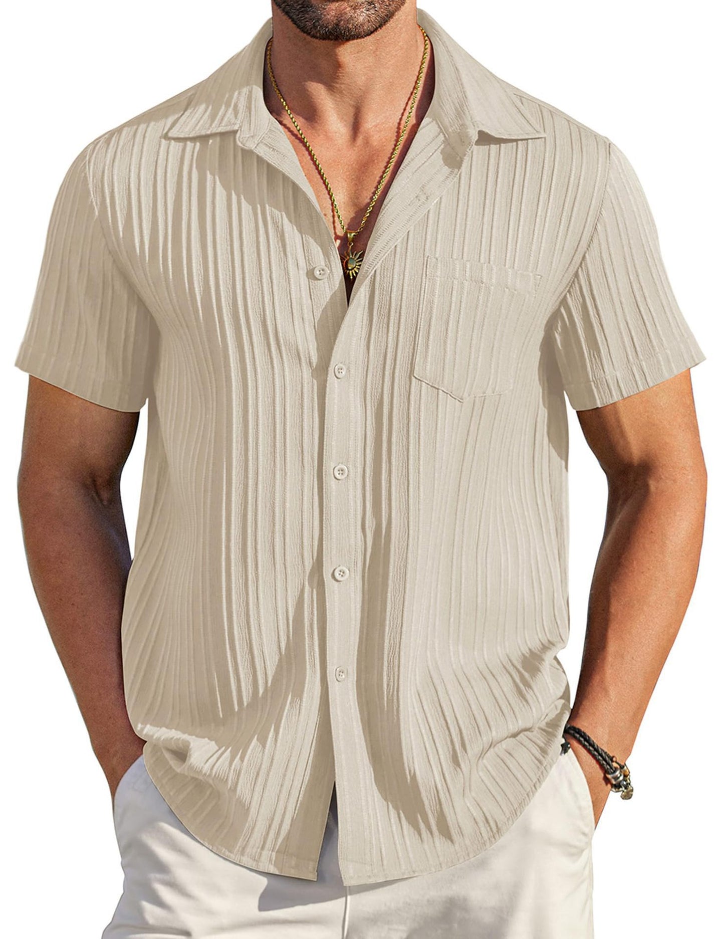 🏆Flash Sale⚡ 80K+ SOLD! Almost Gone-💥Men's Casual Button Down Shirts Short Sleeve Textured Summer Beach Shirt with Pocket