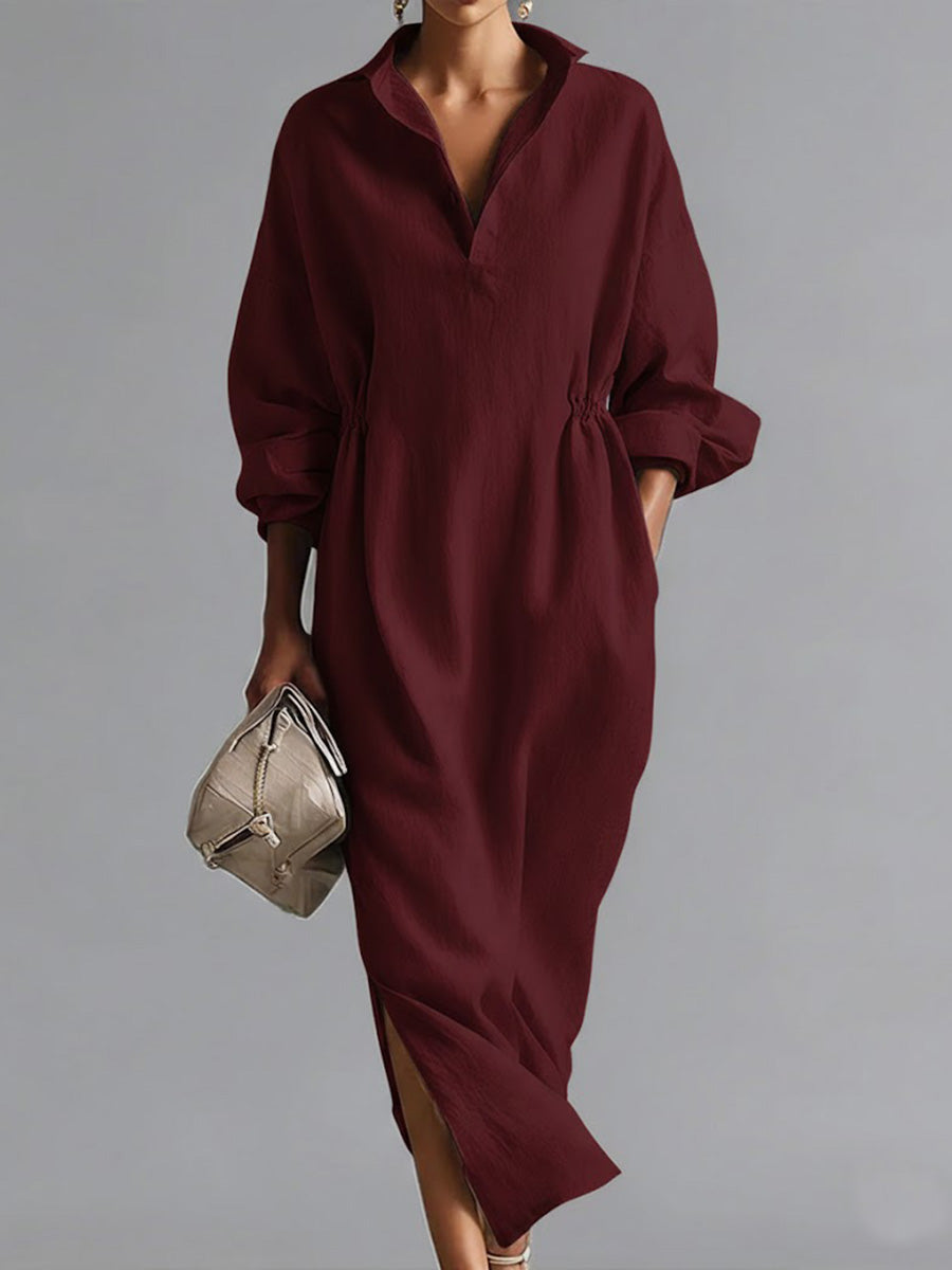 🎁New Arrivals🔥Women's Solid Color Lapel Long-sleeved Casual Loose Cotton Dress