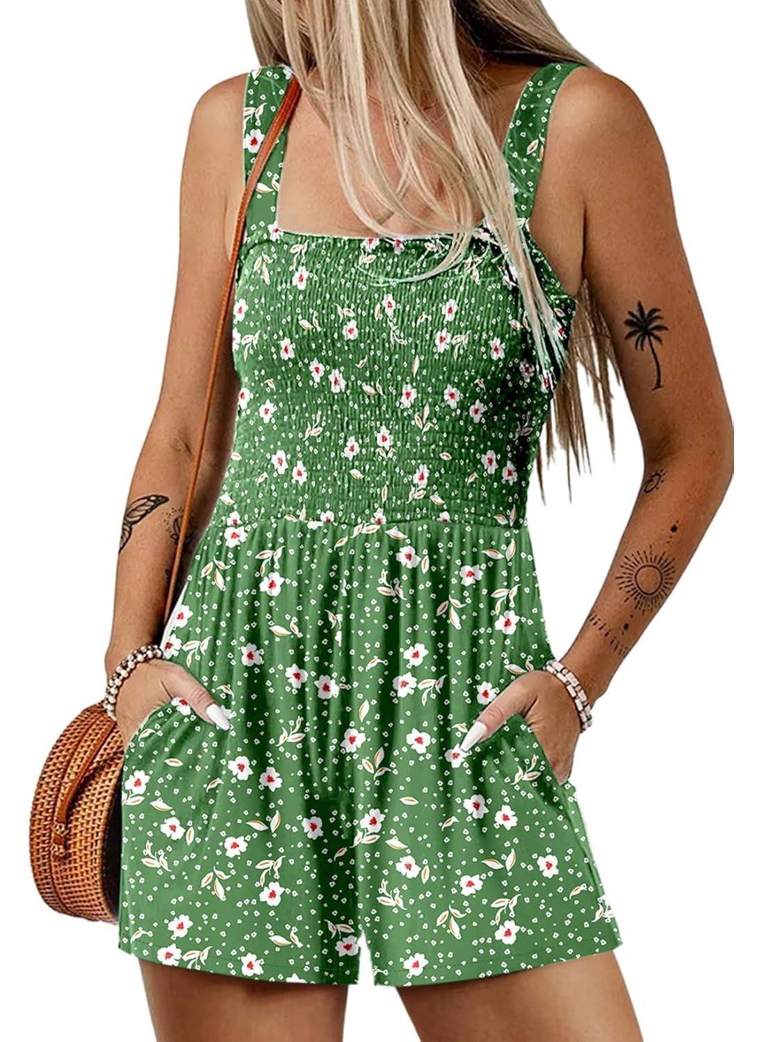 🎁New Arrivals🔥💃Women's Summer Square Neck Sleeveless Loose Casual Short Smocked Romper