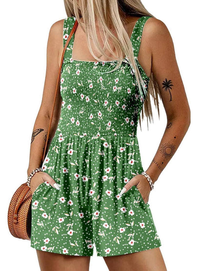 🎁New Arrivals🔥💃Women's Summer Square Neck Sleeveless Loose Casual Short Smocked Romper