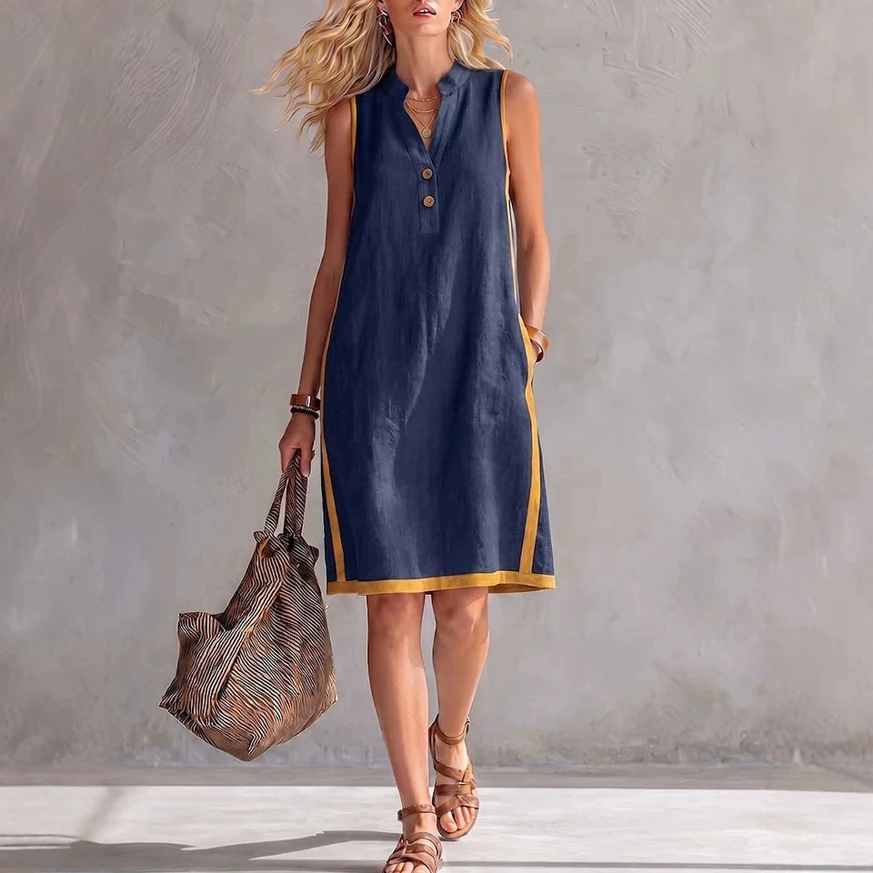 🎁New Arrivals🔥Women's Sleeveless V-Neck Button-Front Pocketed A-Line Midi Dress