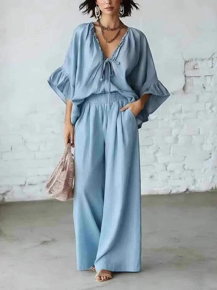 🎁New Arrivals🔥Women's Loose Fitting Batwing Sleeve Ruffled Top Cotton Linen Two Piece Set Travel Outfits