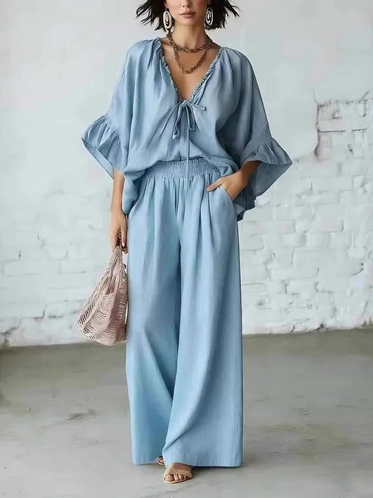 🎁New Arrivals🔥Women's Loose Fitting Batwing Sleeve Ruffled Top Cotton Linen Two Piece Set Travel Outfits