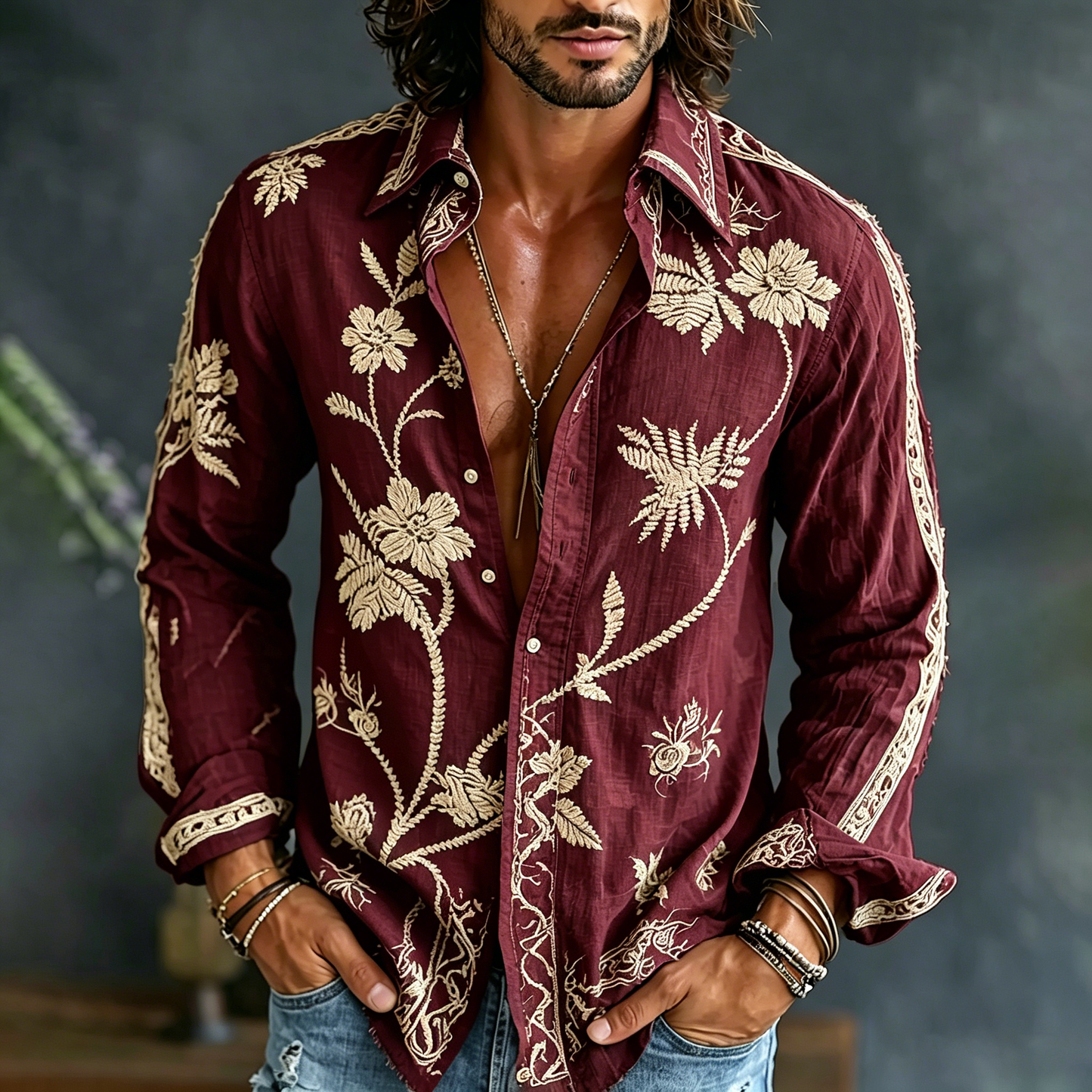 🎁New Arrivals🔥Men's Spring Floral Embroidered Art Print Flowy Linen Blend Casual Shirt
