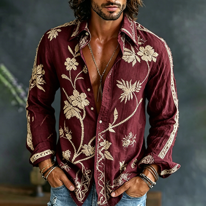 🎁New Arrivals🔥Men's Spring Floral Embroidered Art Print Flowy Linen Blend Casual Shirt