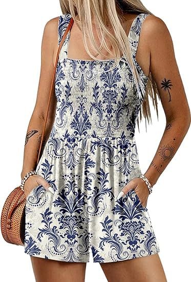 🎁New Arrivals🔥💃Women's Summer Square Neck Sleeveless Loose Casual Short Smocked Romper