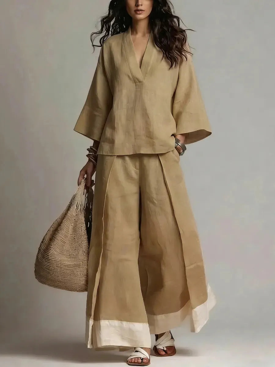 🎁New Arrivals🔥Loose Plus Size Contrast Color Pleated Pockets V-Neck Two Pieces Set