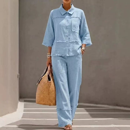 🎁New Arrivals🔥Casual Frayed-hem Linen And Cotton Shirt And Pants Two-piece Set