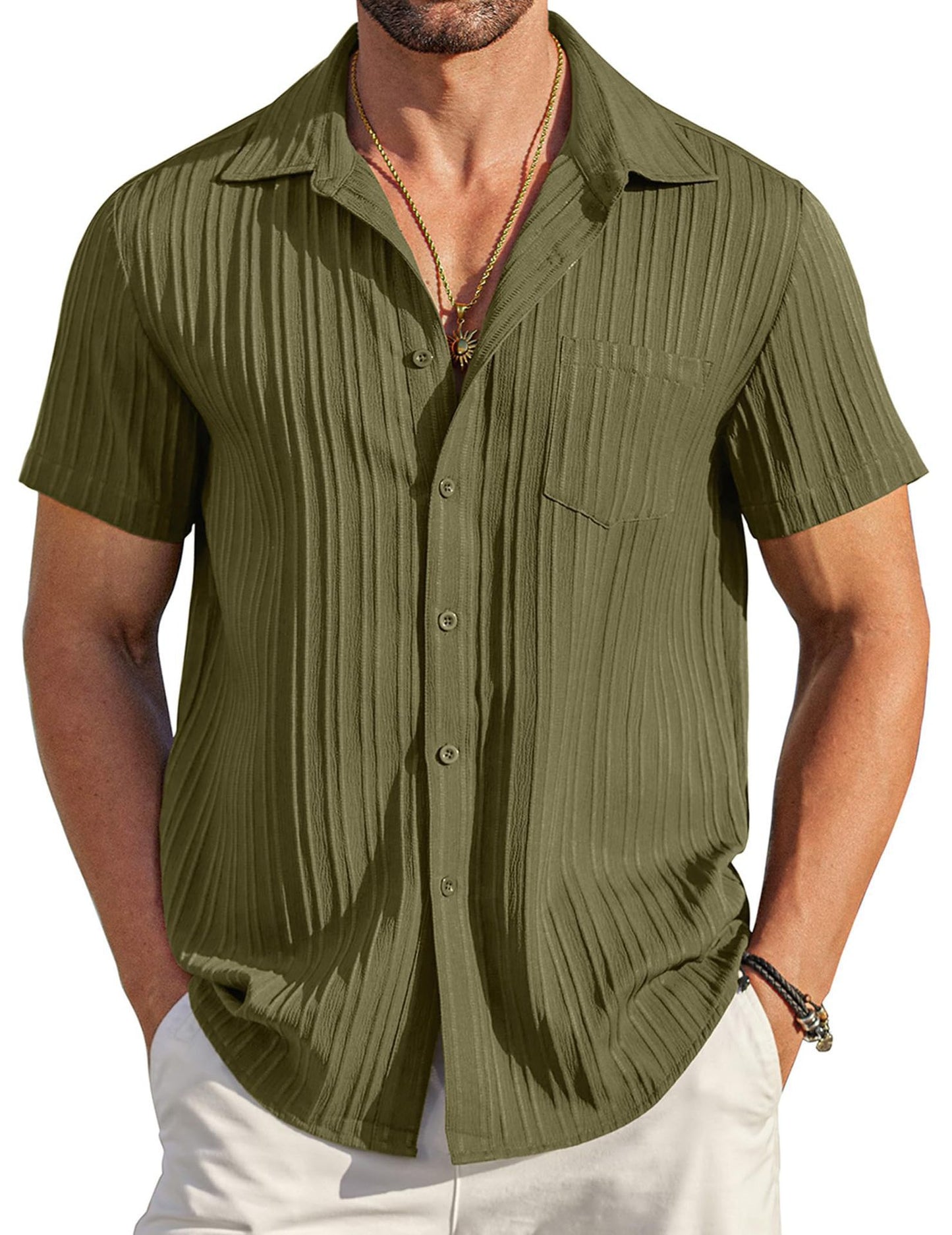 🏆Flash Sale⚡ 80K+ SOLD! Almost Gone-💥Men's Casual Button Down Shirts Short Sleeve Textured Summer Beach Shirt with Pocket