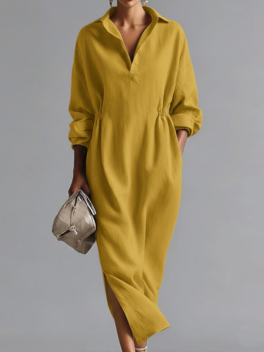 🎁New Arrivals🔥Women's Solid Color Lapel Long-sleeved Casual Loose Cotton Dress