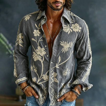🎁New Arrivals🔥Men's Spring Floral Embroidered Art Print Flowy Linen Blend Casual Shirt