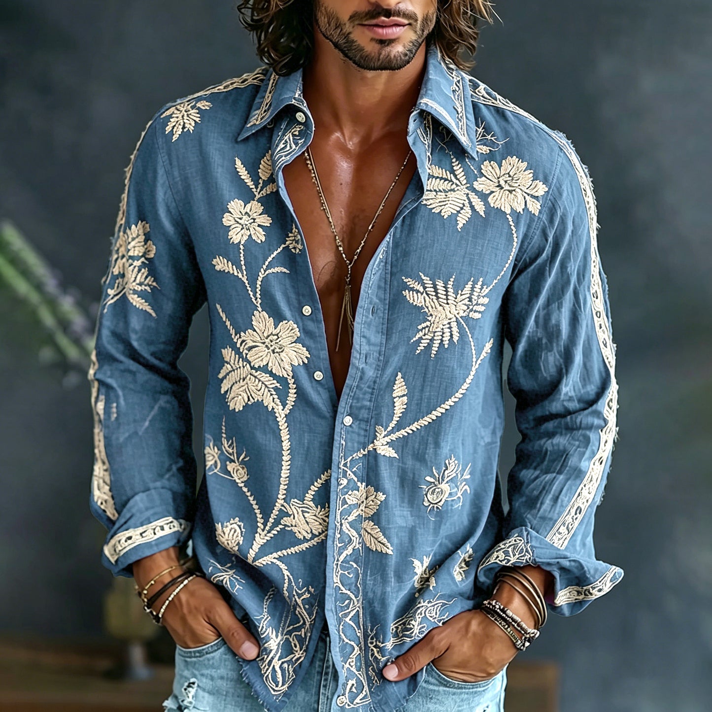 🎁New Arrivals🔥Men's Spring Floral Embroidered Art Print Flowy Linen Blend Casual Shirt