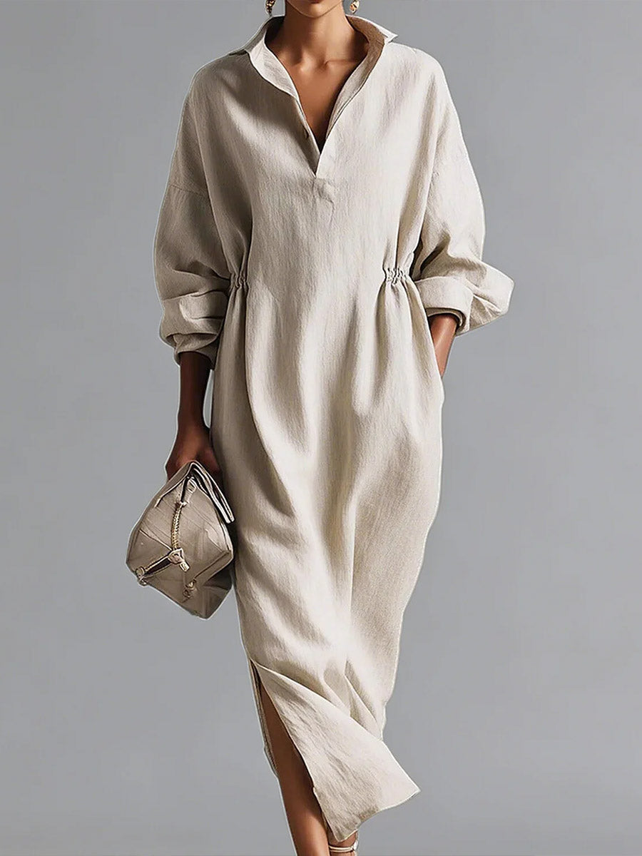 🎁New Arrivals🔥Women's Solid Color Lapel Long-sleeved Casual Loose Cotton Dress