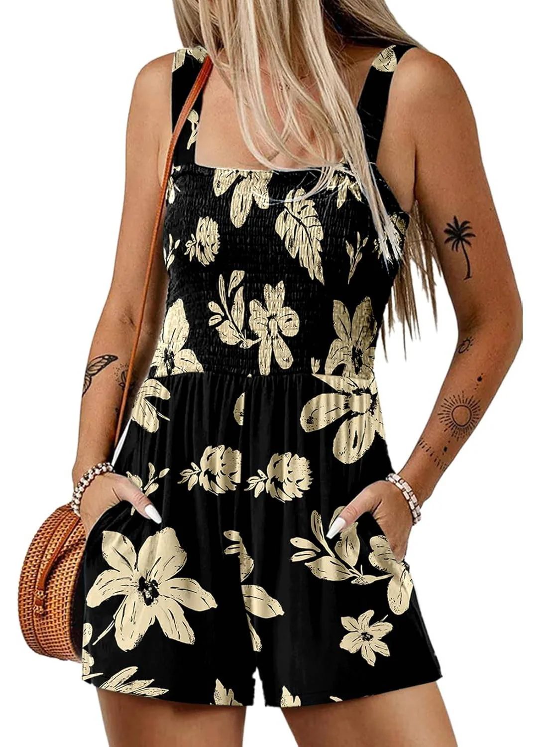 🎁New Arrivals🔥💃Women's Summer Square Neck Sleeveless Loose Casual Short Smocked Romper