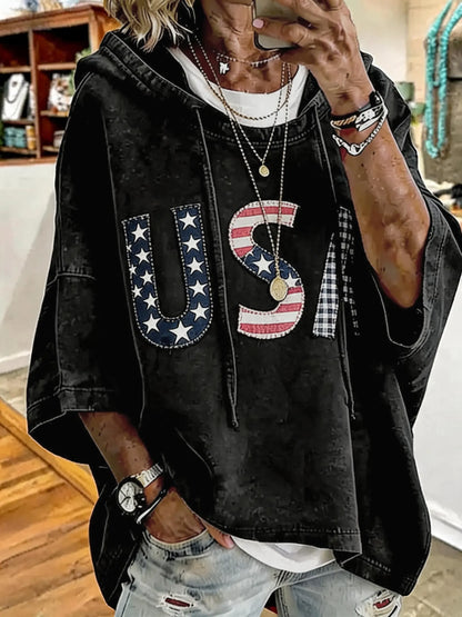 🎁New Arrivals🔥Patriotic Red USA Star Stripe Applique Oversized Hoodie