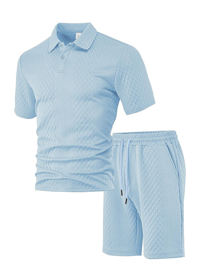 🎁Men's Solid Polo Shirt & Drawstring Waist Shorts Set, Cozy Breathable Two-piece Outfits