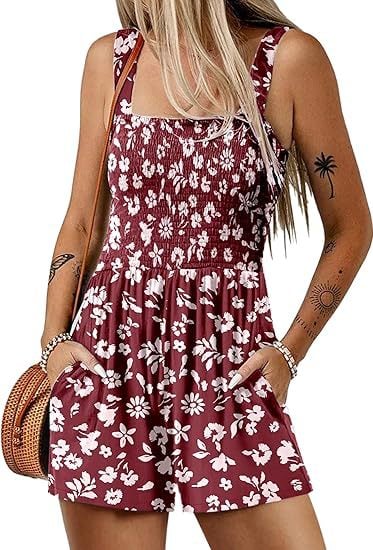 🎁New Arrivals🔥💃Women's Summer Square Neck Sleeveless Loose Casual Short Smocked Romper