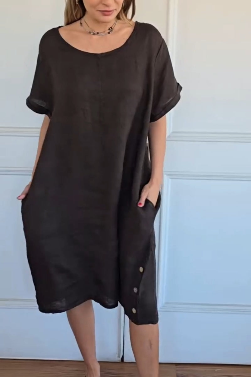 Short-sleeved Round Neck Linen Dress