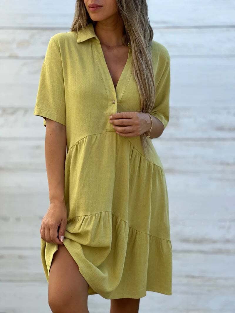 🎁New Arrivals🔥Women's Loose Solid Color Lapel Leisure Short Sleeve Cotton Linen Dress