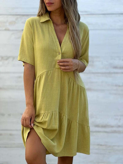 🎁New Arrivals🔥Women's Loose Solid Color Lapel Leisure Short Sleeve Cotton Linen Dress
