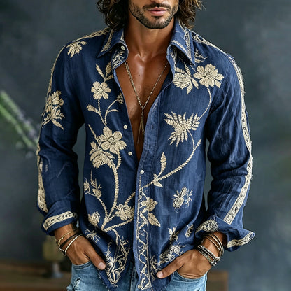 🎁New Arrivals🔥Men's Spring Floral Embroidered Art Print Flowy Linen Blend Casual Shirt