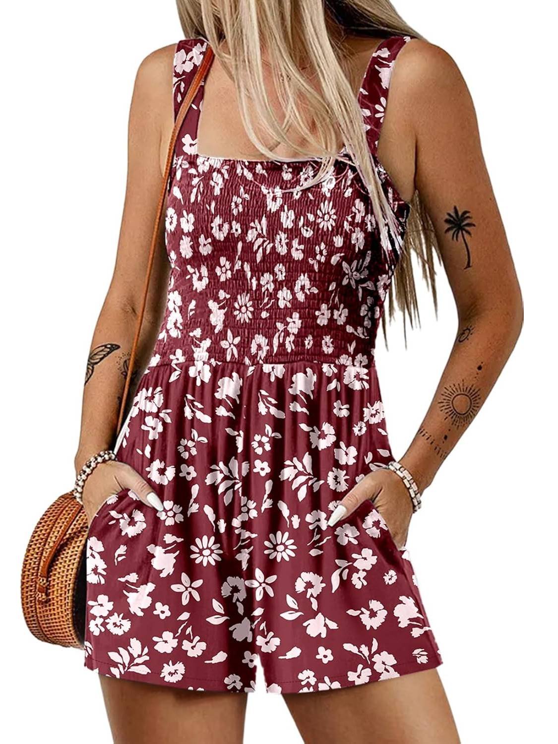 🎁New Arrivals🔥💃Women's Summer Square Neck Sleeveless Loose Casual Short Smocked Romper